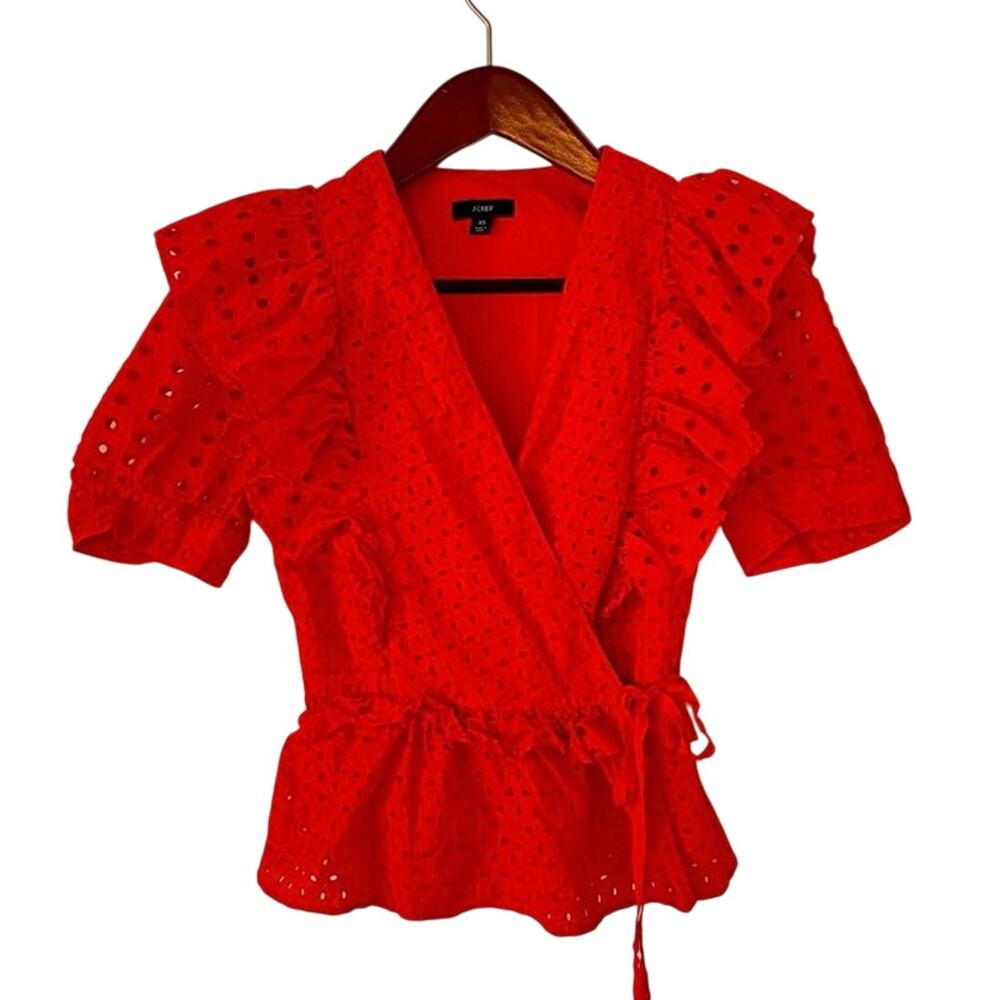 J.Crew Red Eyelet Wrap Top XS Puff Sleeve Ruffle Peplum Blouse